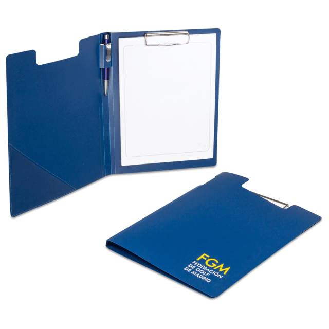 carpeta con pinza y porta bolígrafo de plástico reciclable